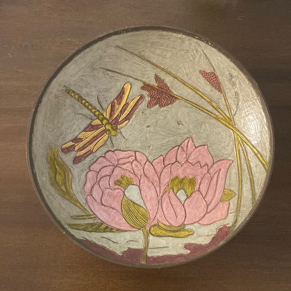 9.25” Brass Enamel Cloisonné Pond Flowers Dragonfly Decorative Footed Decor Bowl
